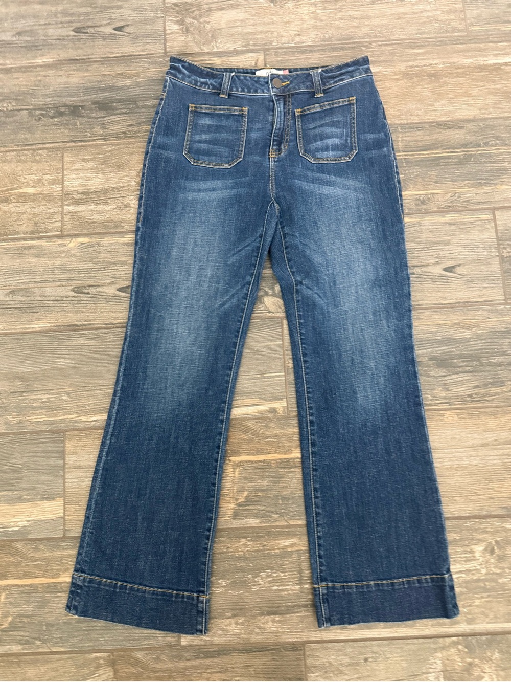 Cabi Patch Pocket High rise, straight wide leg Jeans in Medium Blue